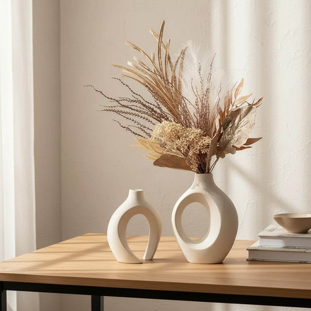 Galiana Vase Donut en céramique blanche mate, forme graphique avec un grand trou central, idéal pour des fleurs séchées.