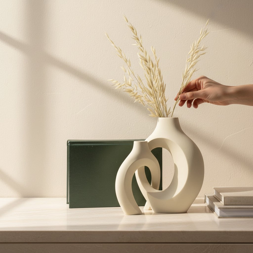 Galiana Vase Donut en céramique mate blanc, design graphique avec un grand trou central, parfait pour la décoration.