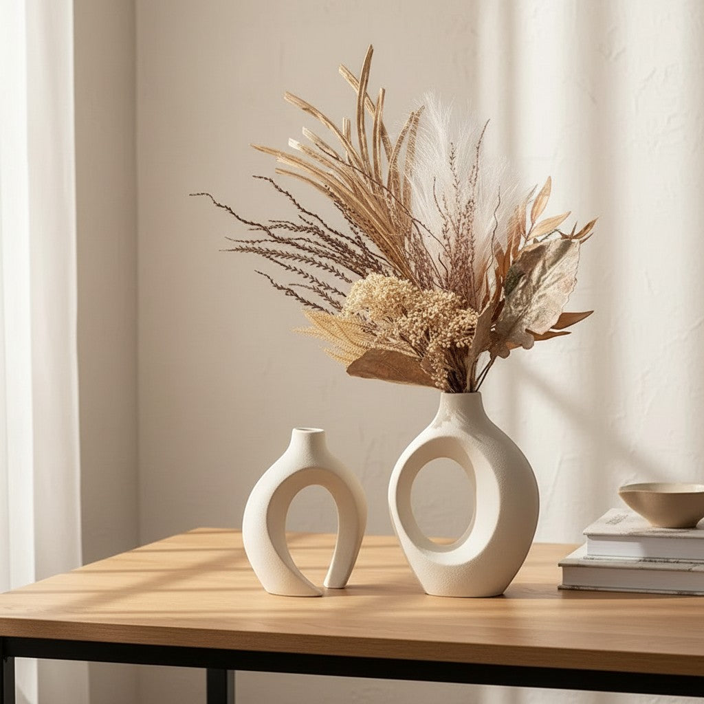 Galiana Vase Donut blanc en céramique mate, design graphique avec vide central, parfait pour fleurs séchées.