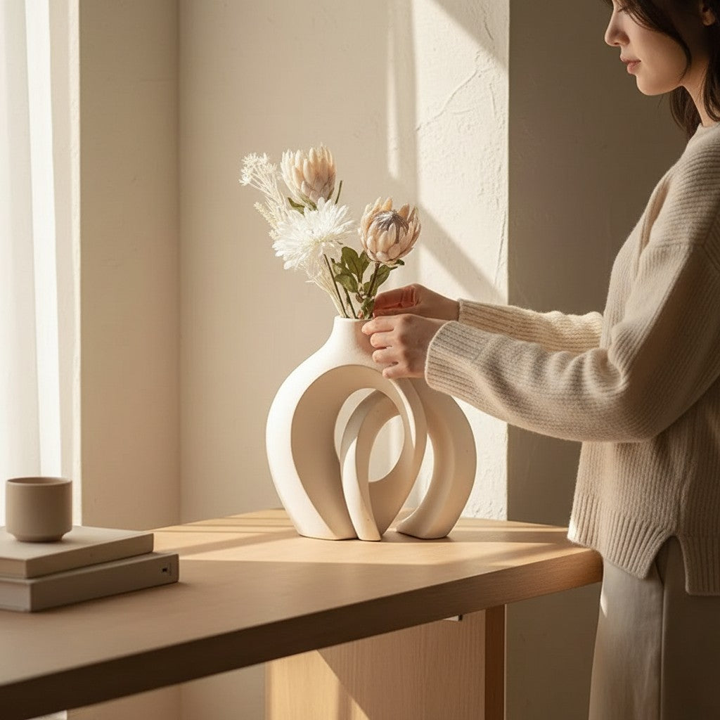 Galiana Vase Donut en céramique mate blanc avec une forme audacieuse et graphique, parfait pour la décoration.