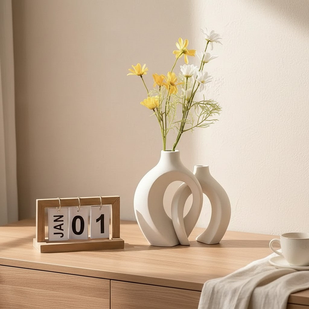 Galiana Vase Donut en céramique mate blanche, silhouette graphique avec ouverture centrale, idéal pour fleurs séchées.