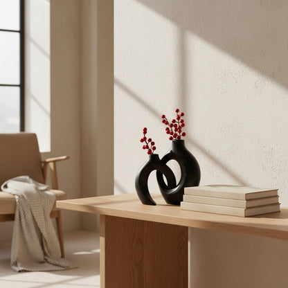 Galiana Vase Donut noir en céramique mate, design graphique audacieux, parfait seul ou avec des fleurs.