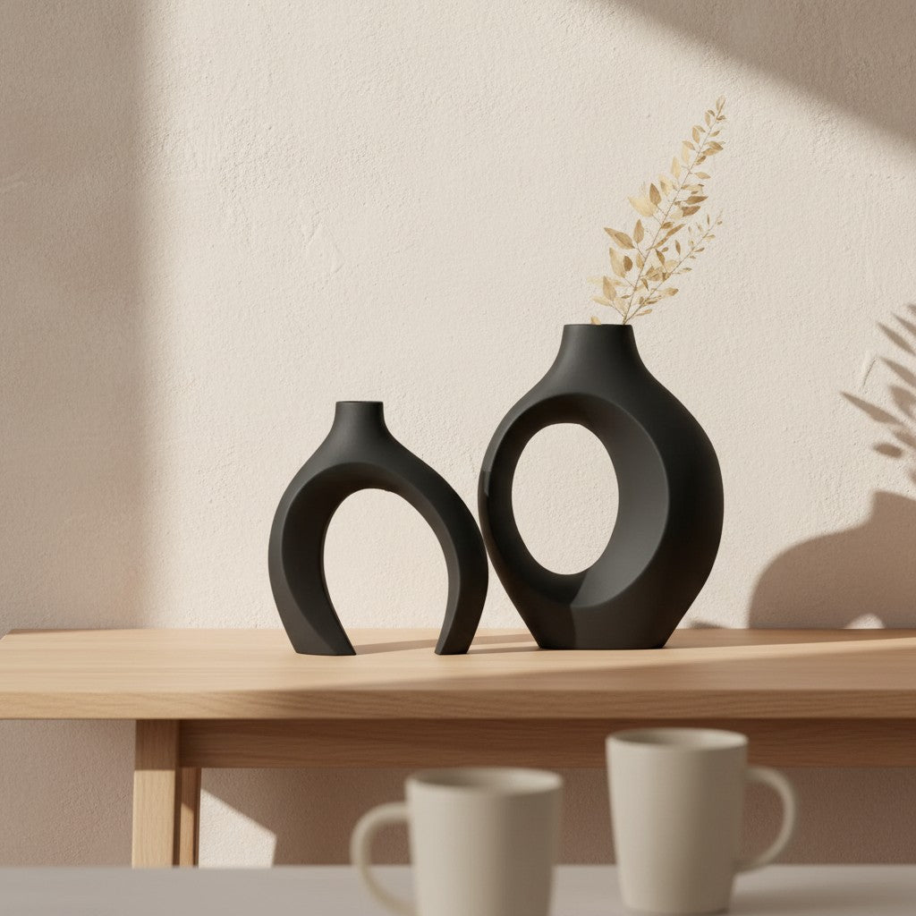 Galiana Vase Donut noir en céramique mate, design graphique audacieux avec une ouverture centrale.