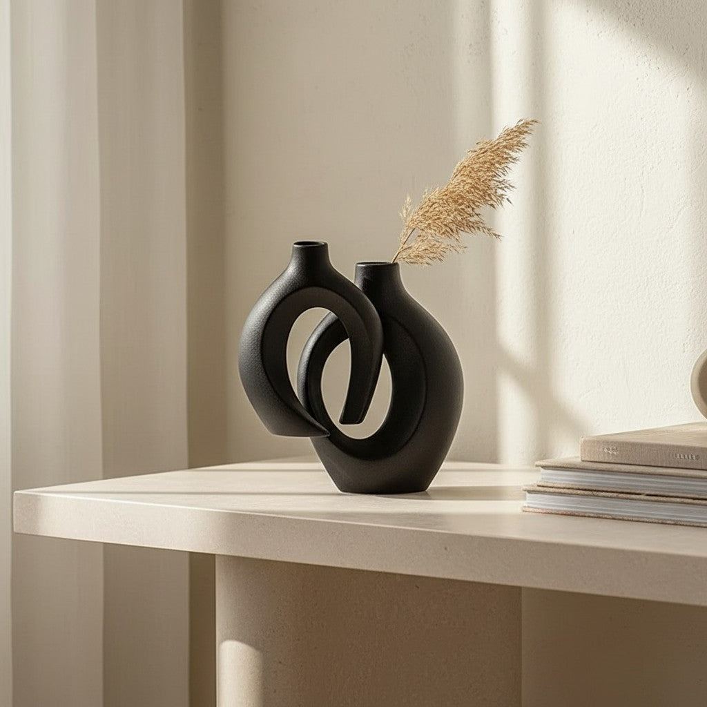 Galiana Vase Donut noir en céramique mate, design graphique audacieux avec un vide central.