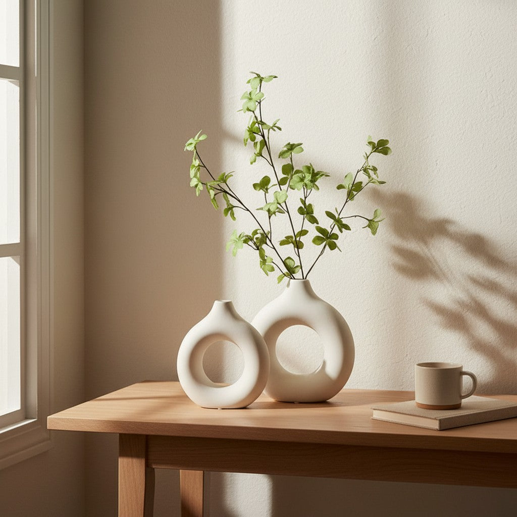 Galiana Vase sculptural blanc en céramique mate, design organique avec ouvertures, disponible en 3 tailles. Parfait seul ou en composition.