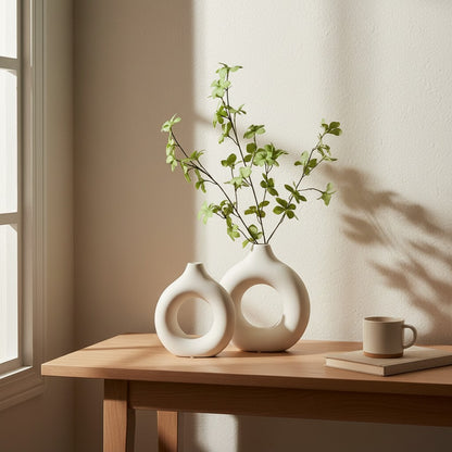 Galiana Vase sculptural blanc en céramique mate, design organique avec ouvertures, disponible en 3 tailles. Parfait seul ou en composition.