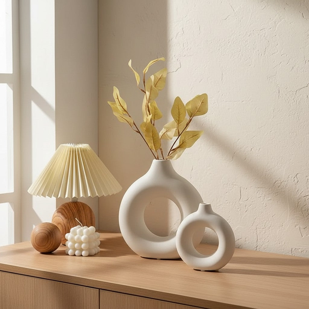Galiana Vase sculptural blanc en céramique mate, design moderne avec une ouverture centrale, disponible en plusieurs tailles.