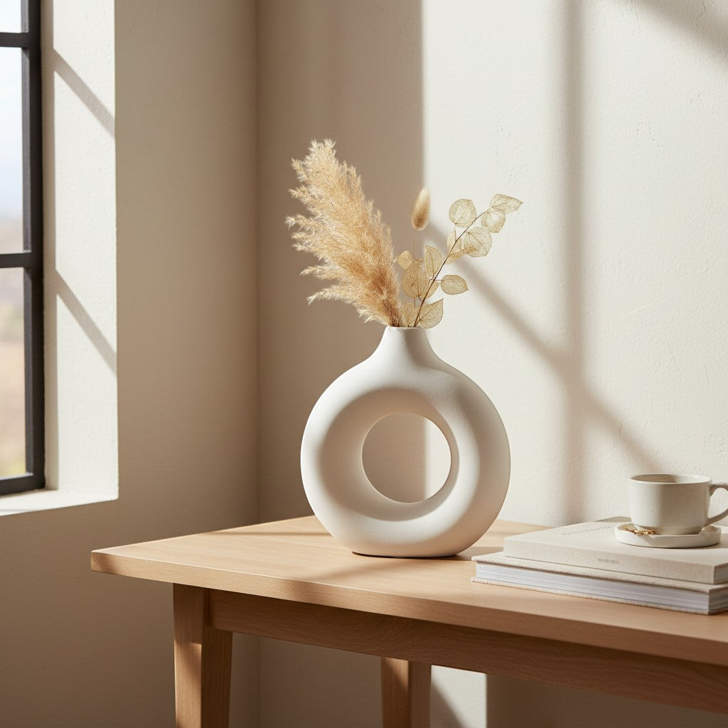 Galiana Vase sculptural blanc en céramique mate, design rond avec ouverture centrale, parfait pour des fleurs séchées.
