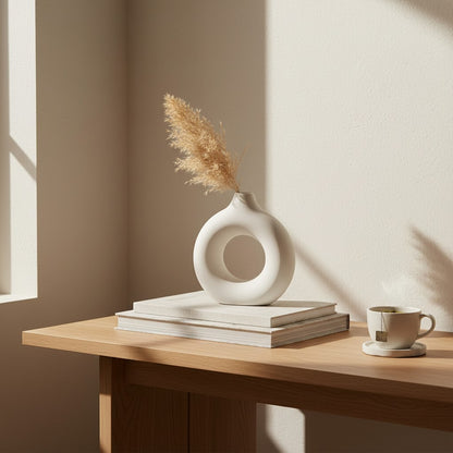 Galiana Vase sculptural blanc en céramique mate, design rond avec ouverture centrale, disponible en tailles S, M, L.