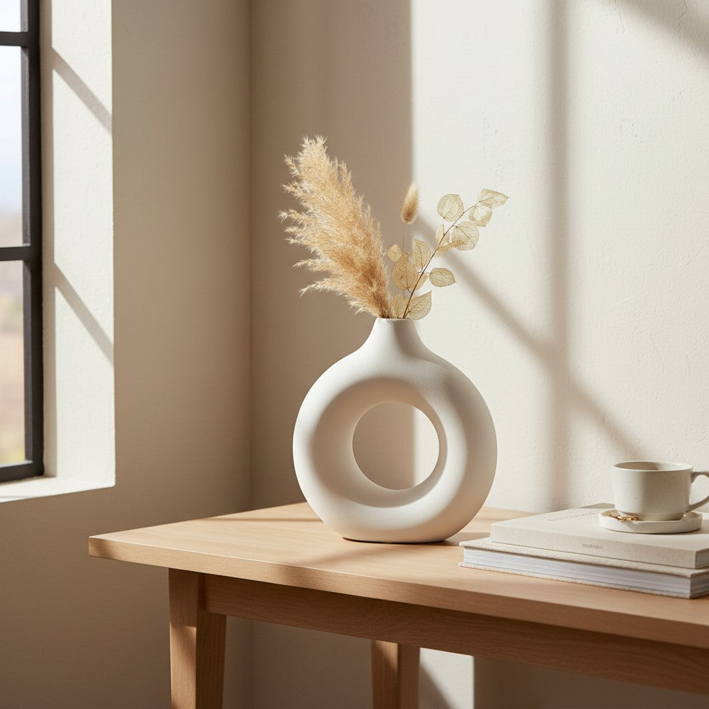 Galiana Vase sculptural blanc en céramique mate, design rond avec ouverture centrale, disponible en plusieurs tailles.