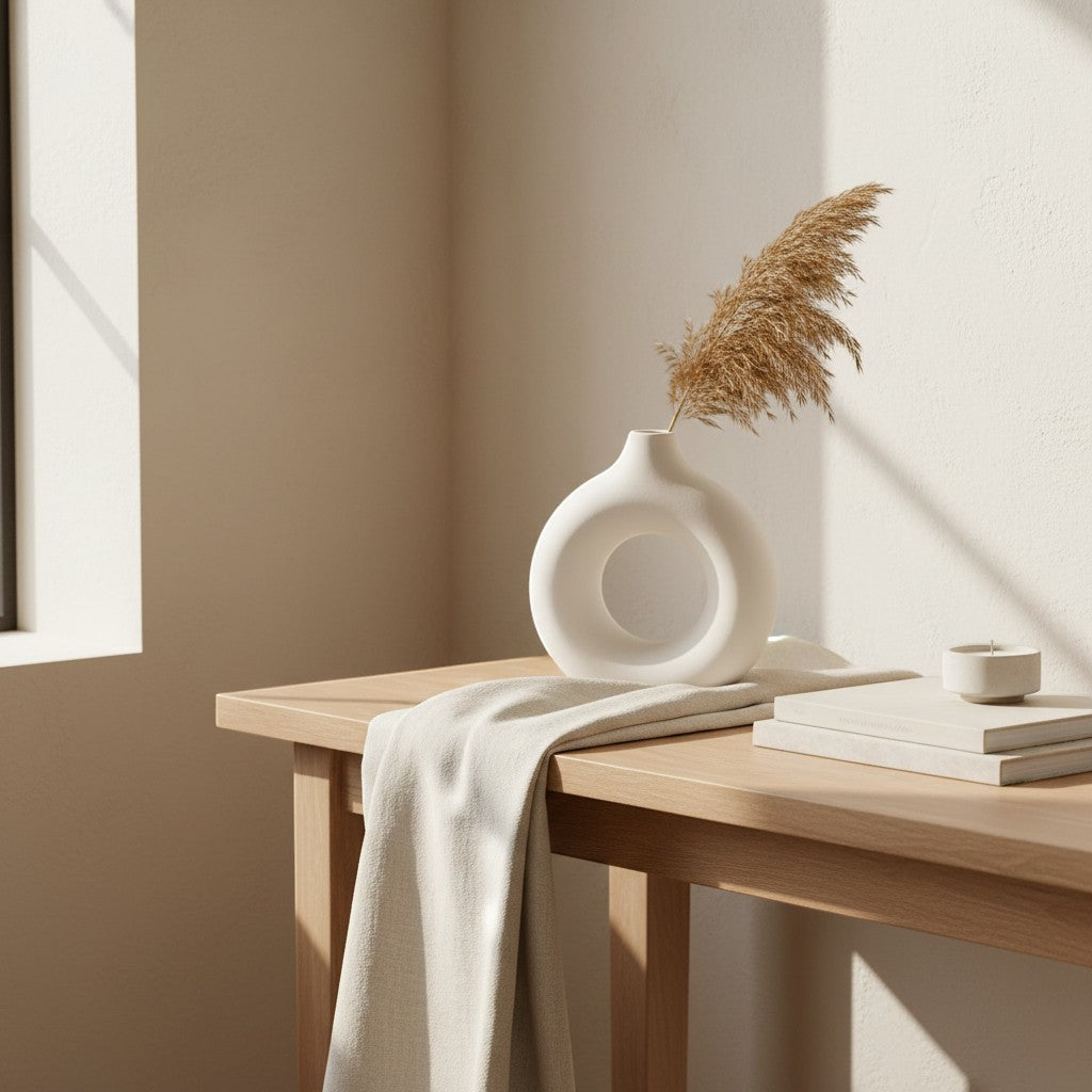Galiana Vase Sculptural blanc en céramique mate, design rond avec ouverture centrale, parfait pour la décoration intérieure.
