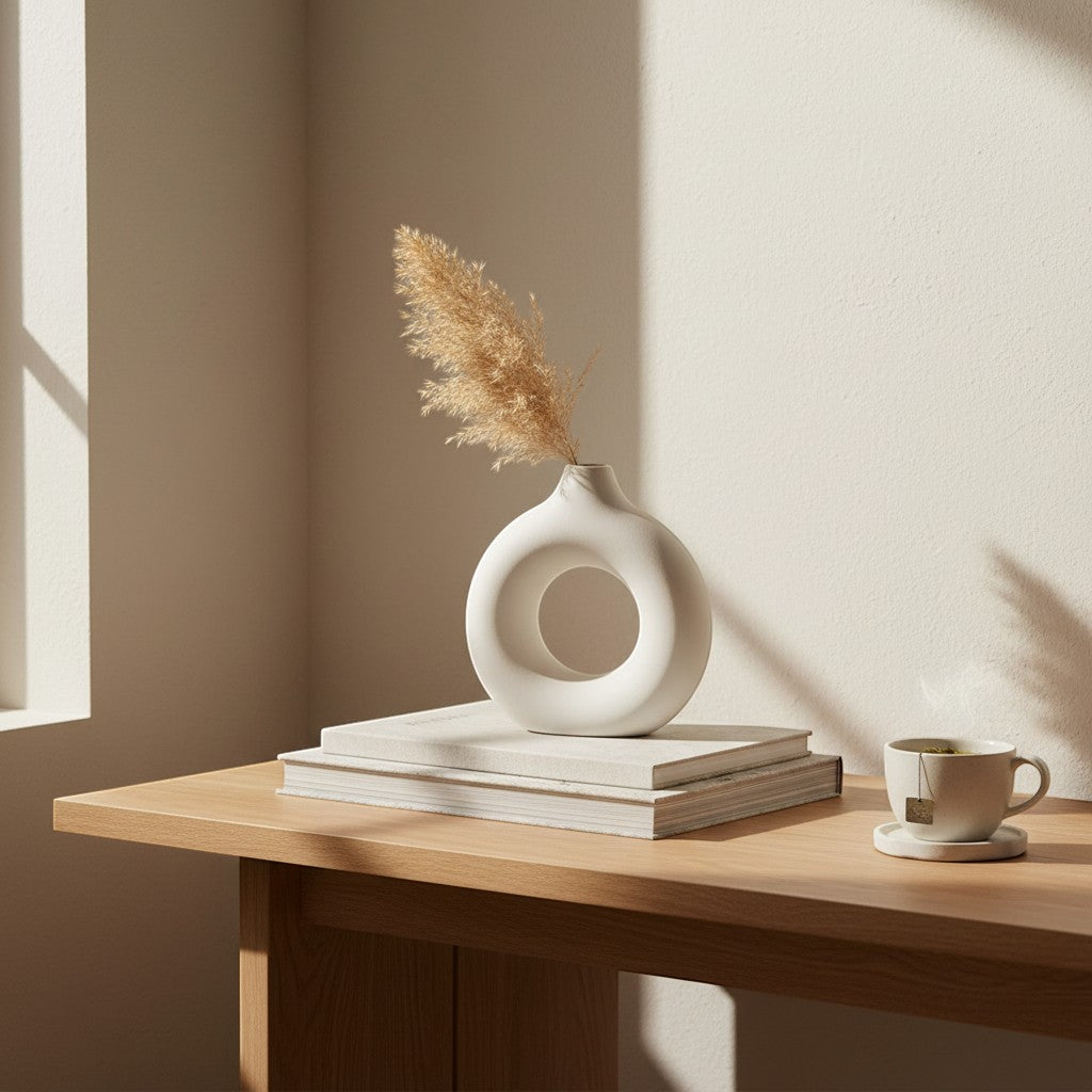 Galiana Vase sculptural blanc en céramique mate, design rond avec ouverture centrale, décoré de pampas séchées.