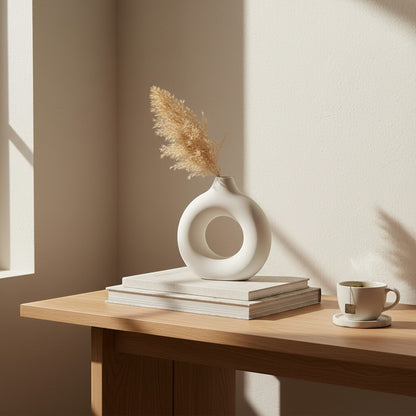 Galiana Vase sculptural blanc en céramique mate, design rond avec ouverture centrale, décoré de pampas séchées.