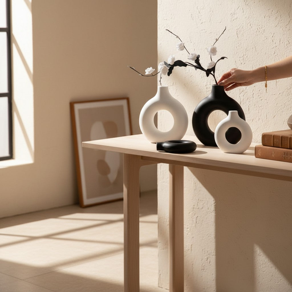 Galiana Vase sculptural en céramique mate blanc et noir, disponible en 3 tailles, design moderne avec un trou central.