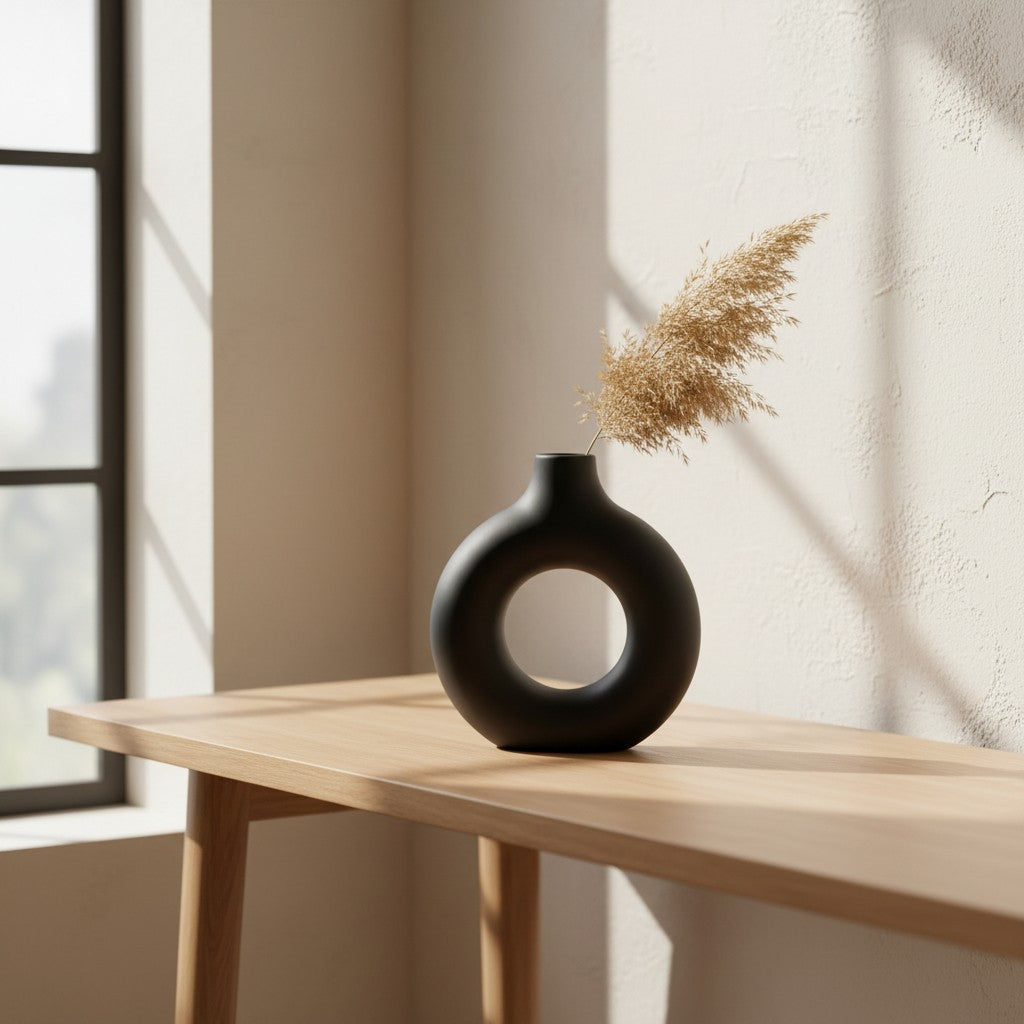 Galiana Vase sculptural en céramique mate noire, forme circulaire avec un grand trou au centre. Idéal pour la décoration intérieure.