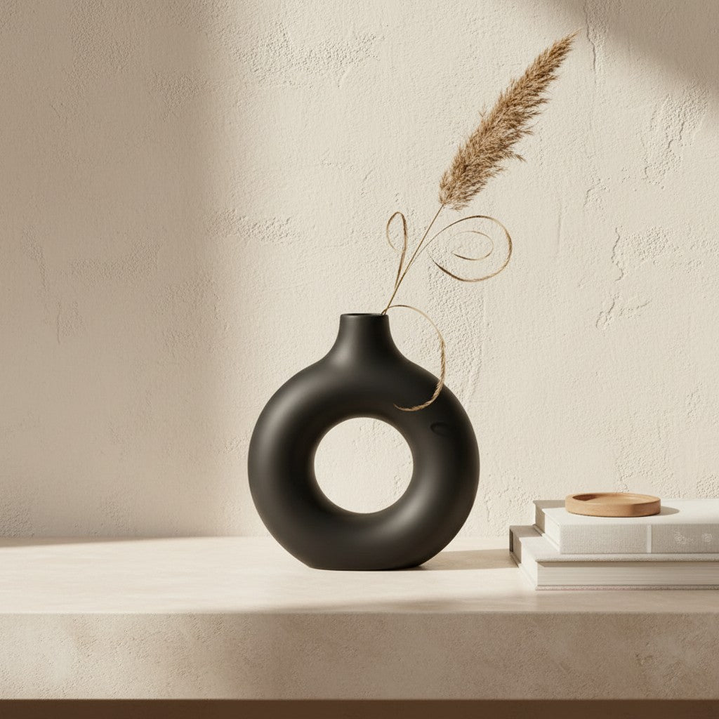 Galiana Vase sculptural noir en céramique mate, design rond avec un grand trou central, disponible en plusieurs tailles.