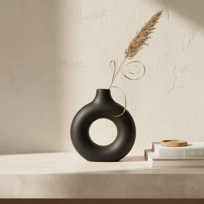 Galiana Vase sculptural noir en céramique mate, design rond avec un grand trou central, disponible en plusieurs tailles.
