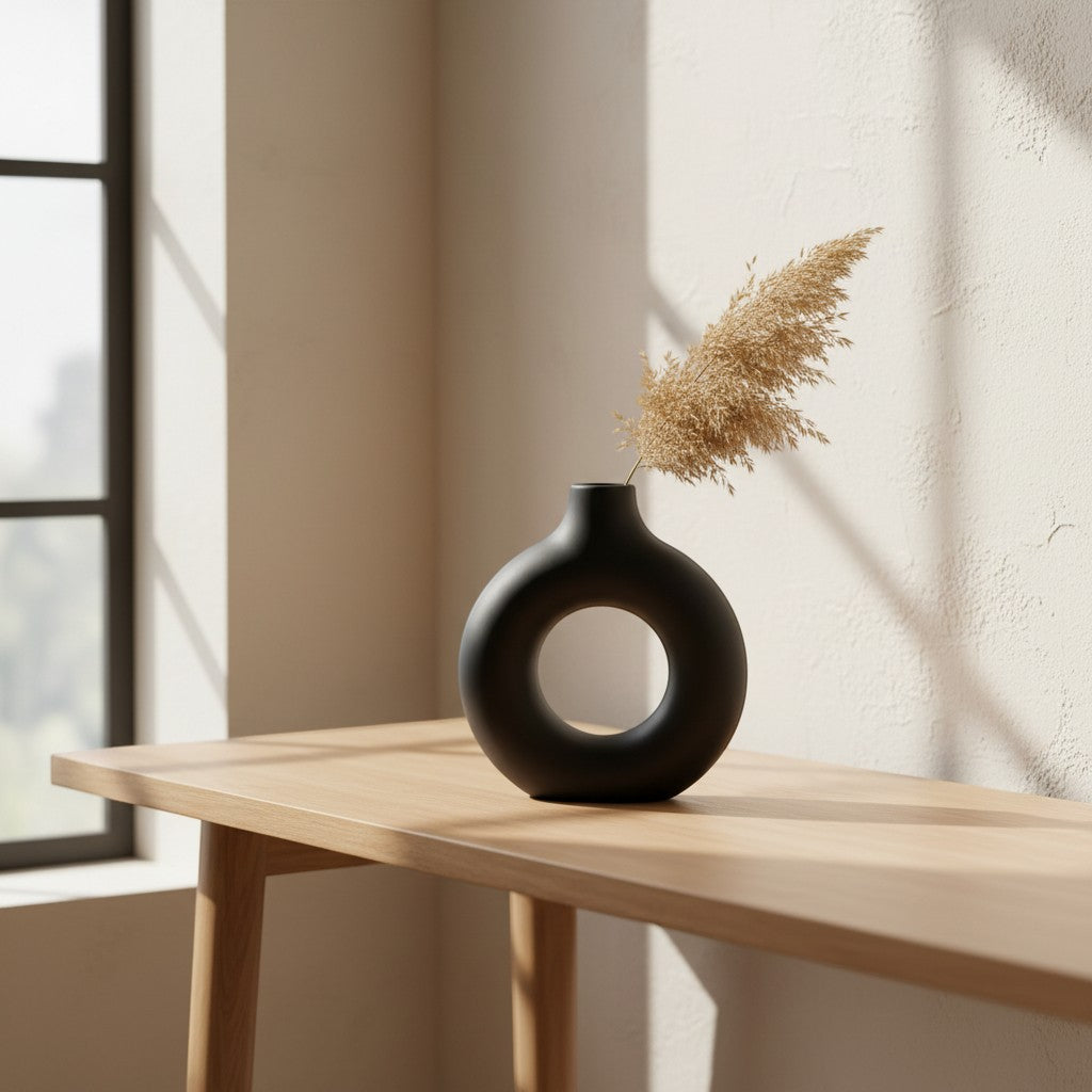 Galiana Vase Sculptural noir en céramique mate, design rond avec un trou central, parfait pour la décoration intérieure.