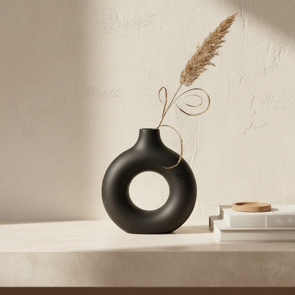 Galiana Vase sculptural noir en céramique mate, forme ronde avec un grand trou central, idéal pour la décoration intérieure.