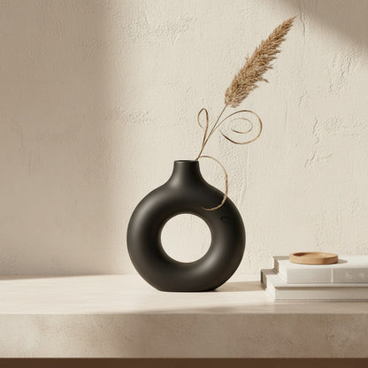 Galiana Vase sculptural noir en céramique mate, forme ronde avec un grand trou central, idéal pour la décoration intérieure.