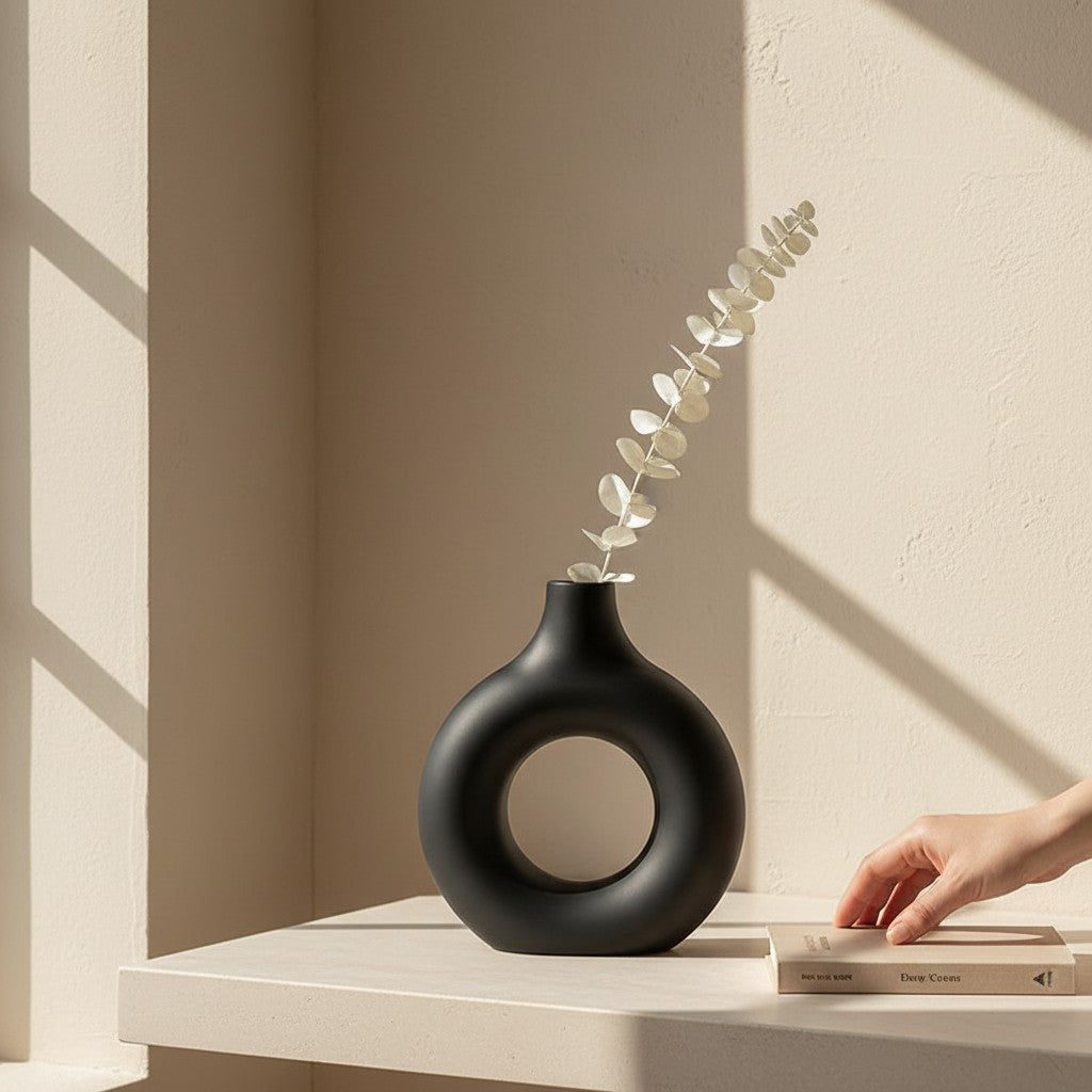 Galiana Vase sculptural en céramique mate noire, design moderne avec un grand trou central, disponible en plusieurs tailles.