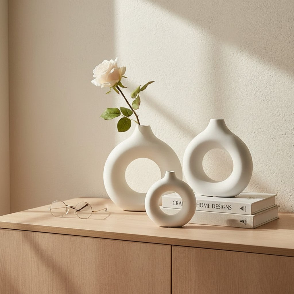 Galiana Lot de 3 vases décoratifs blancs en céramique mate, design sculptural avec ouverture centrale, tailles S, M, L.