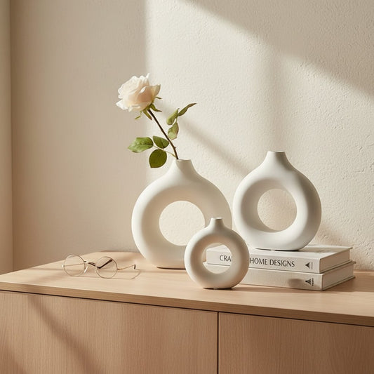 Galiana Lot de 3 vases décoratifs blancs en céramique mate, design sculptural avec ouverture centrale, tailles S, M, L.